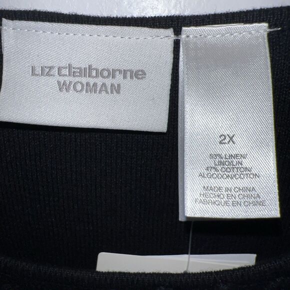 Liz Claiborne Woman's Black Linen Cotton Short Sleeve Sweater Floral Applique 2X - Picture 8 of 16